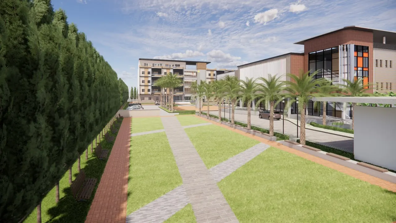 Rendu architectural — jardins et allée paysagère