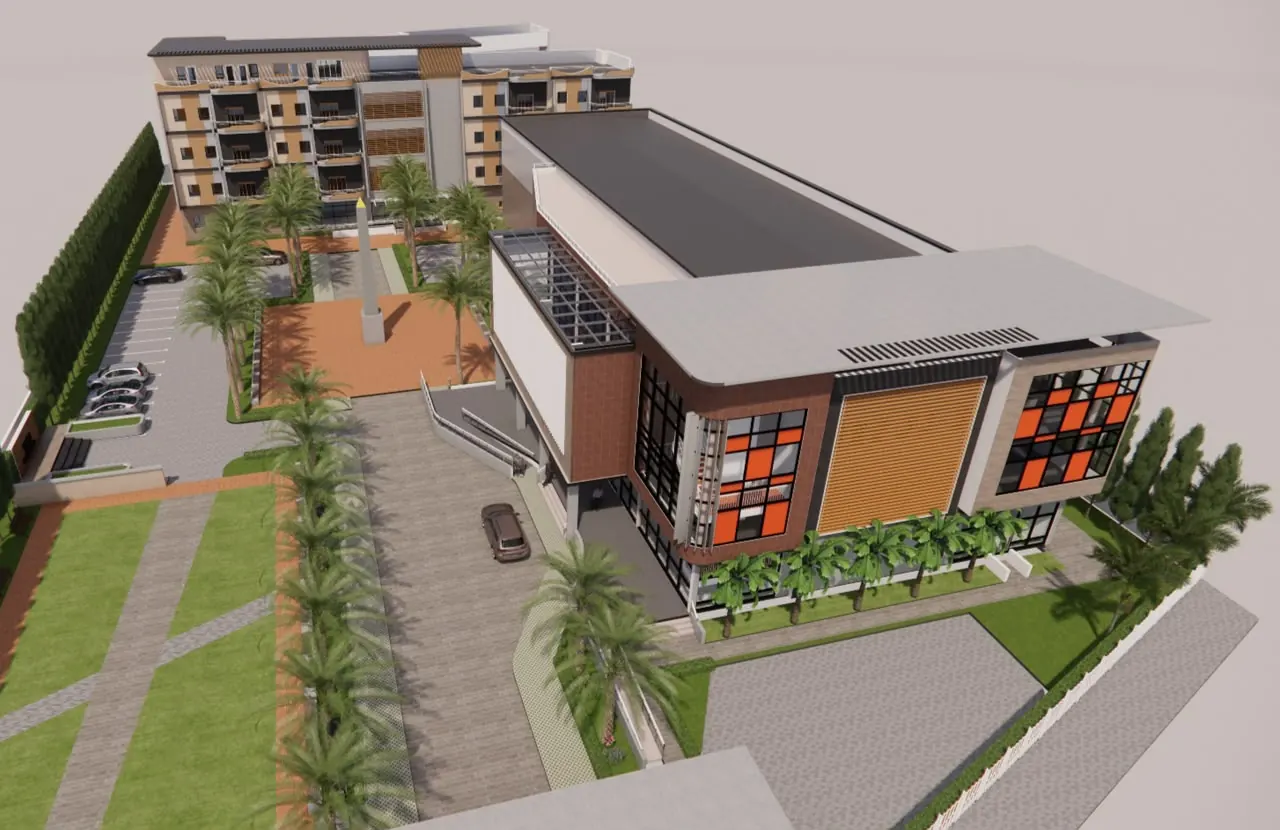 Rendu architectural — vue aérienne, accès et jardins