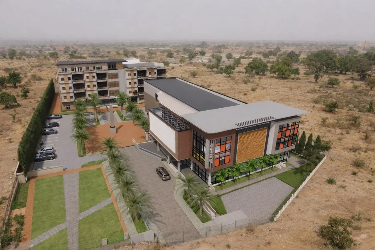 Rendu architectural — vue aérienne du projet sur son site